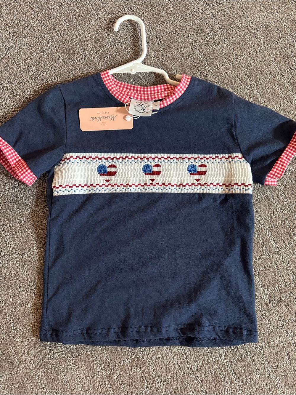 Smocked Navy Short-Sleeve Tee with Red Gingham Trim and USA Hearts